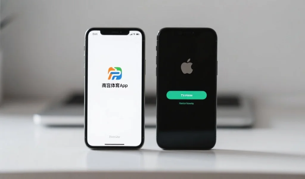 一部安卓和一部苹果手机并排放置,屏幕上显示南宫体育App的下载界面,背景为简洁的桌面