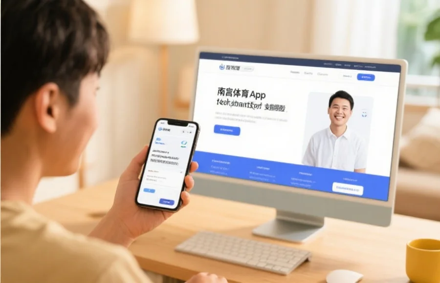 用户手持手机与电脑屏幕上同时显示南宫体育App的技术支持页面,用户在微笑咨询客服,环境明亮温馨